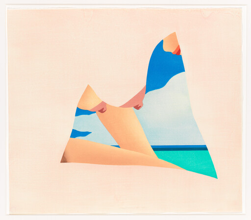 A stylized reclining figure in a blue swimsuit with ocean and sky visible through cutout shapes.
