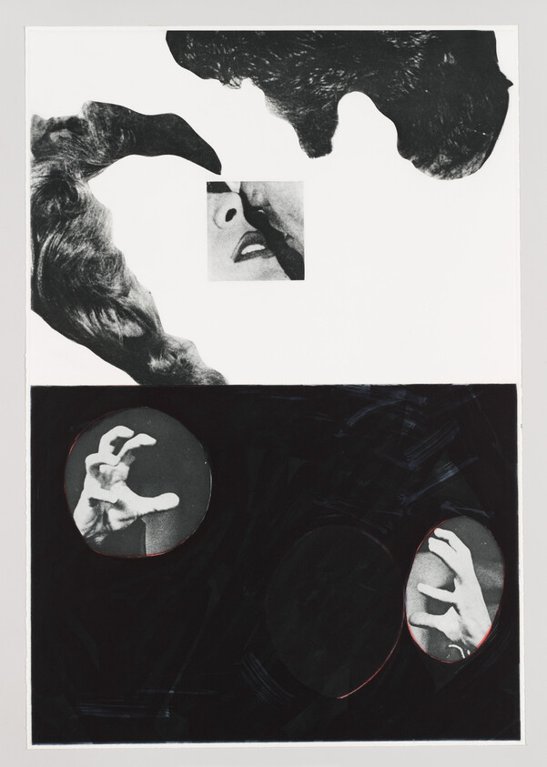 Two faces leaning together above a black field with circular windows revealing grasping hands.