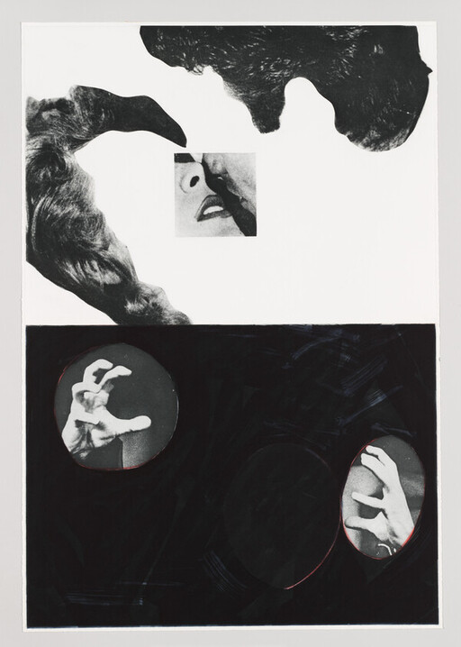 Two faces leaning together above a black field with circular windows revealing grasping hands.