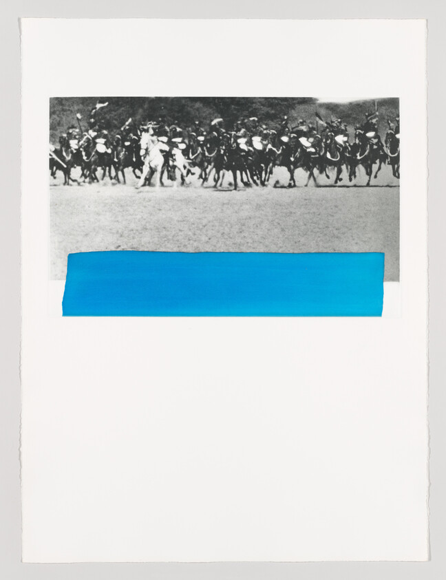 Row of mounted soldiers riding across an open field above a wide bright blue strip.