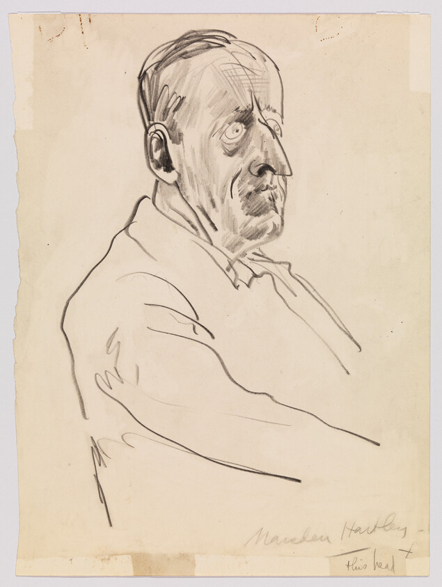 Sketch of an older man with a mustache seated in profile, looking slightly upward.