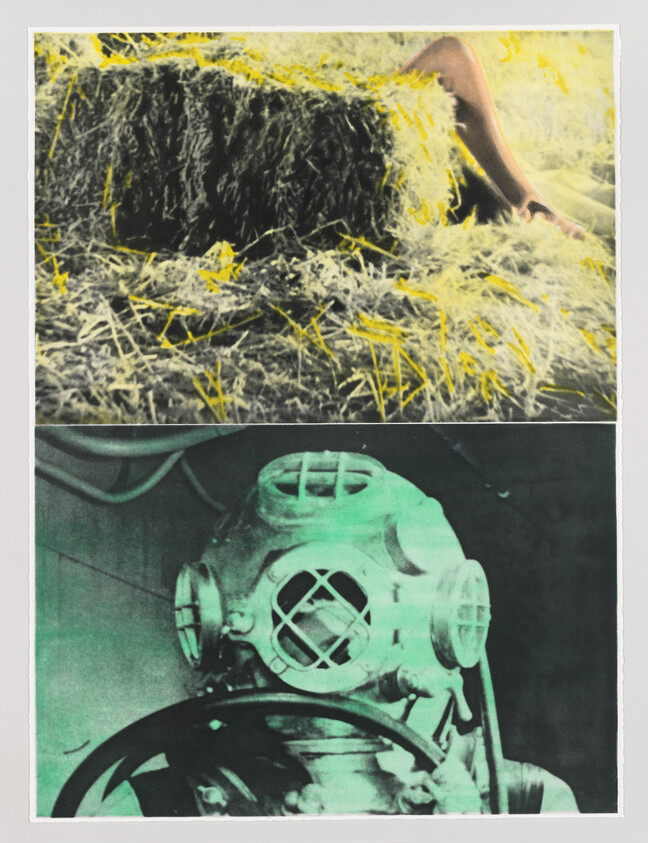 Two-panel collage showing a person lying in hay above and an old deep-sea diving helmet below.