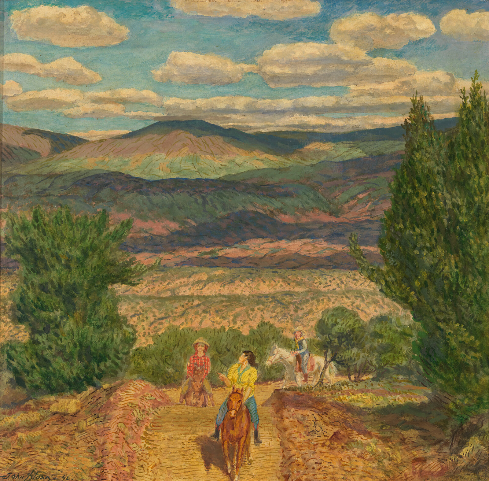 Painting of three riders on a trail with expansive desert landscape and mountains in the background under a cloudy sky.