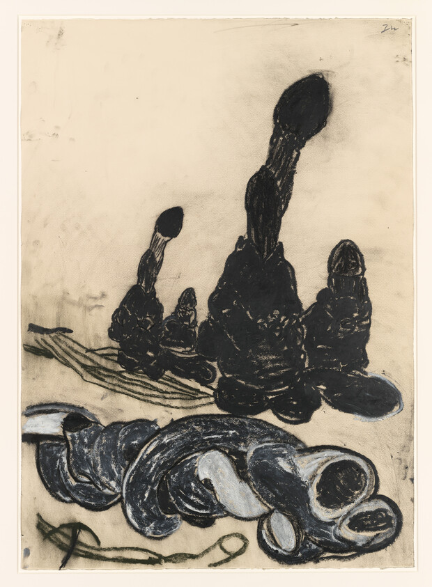 Dark charcoal drawing of clustered mushroom-like forms rising above twisted tubular shapes on a pale background.