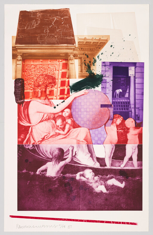 Collage combining classical mother and children scenes with architectural fragments and colorful paint splashes.