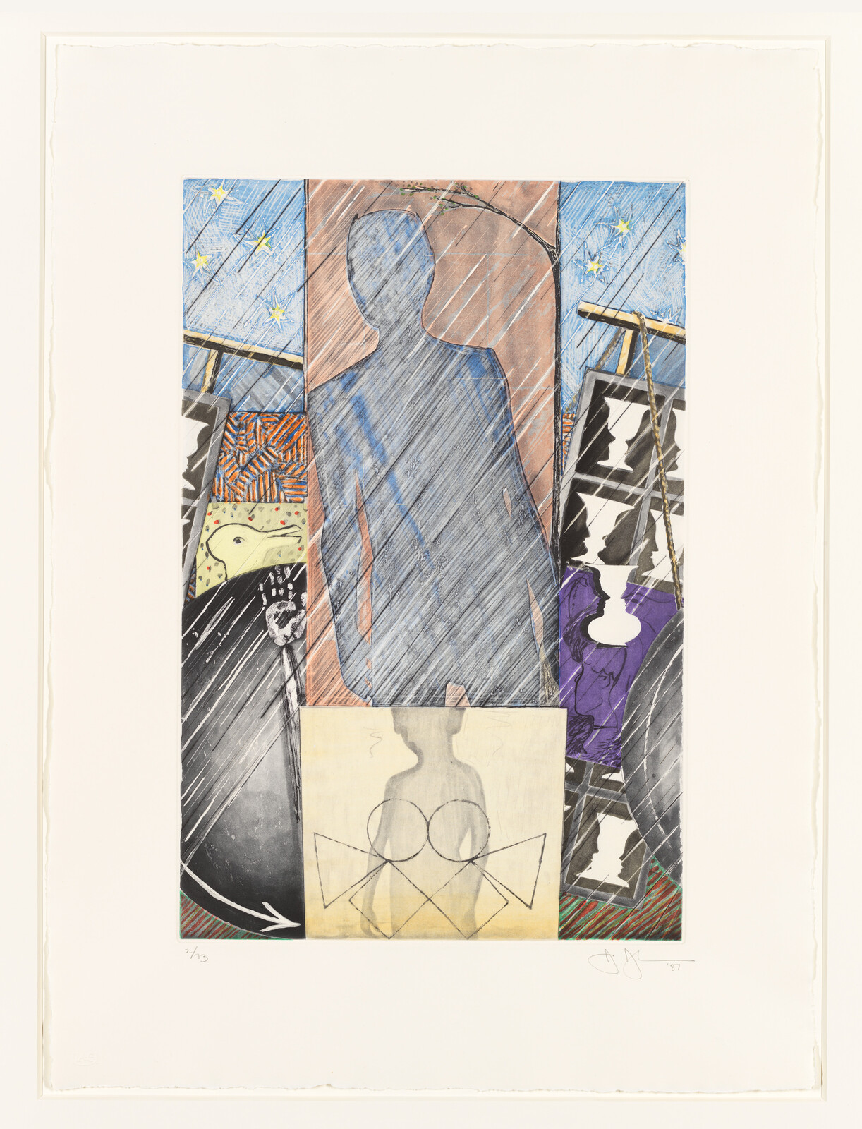 A tall blue silhouette stands center against layered panels with rain streaks and abstract shapes.