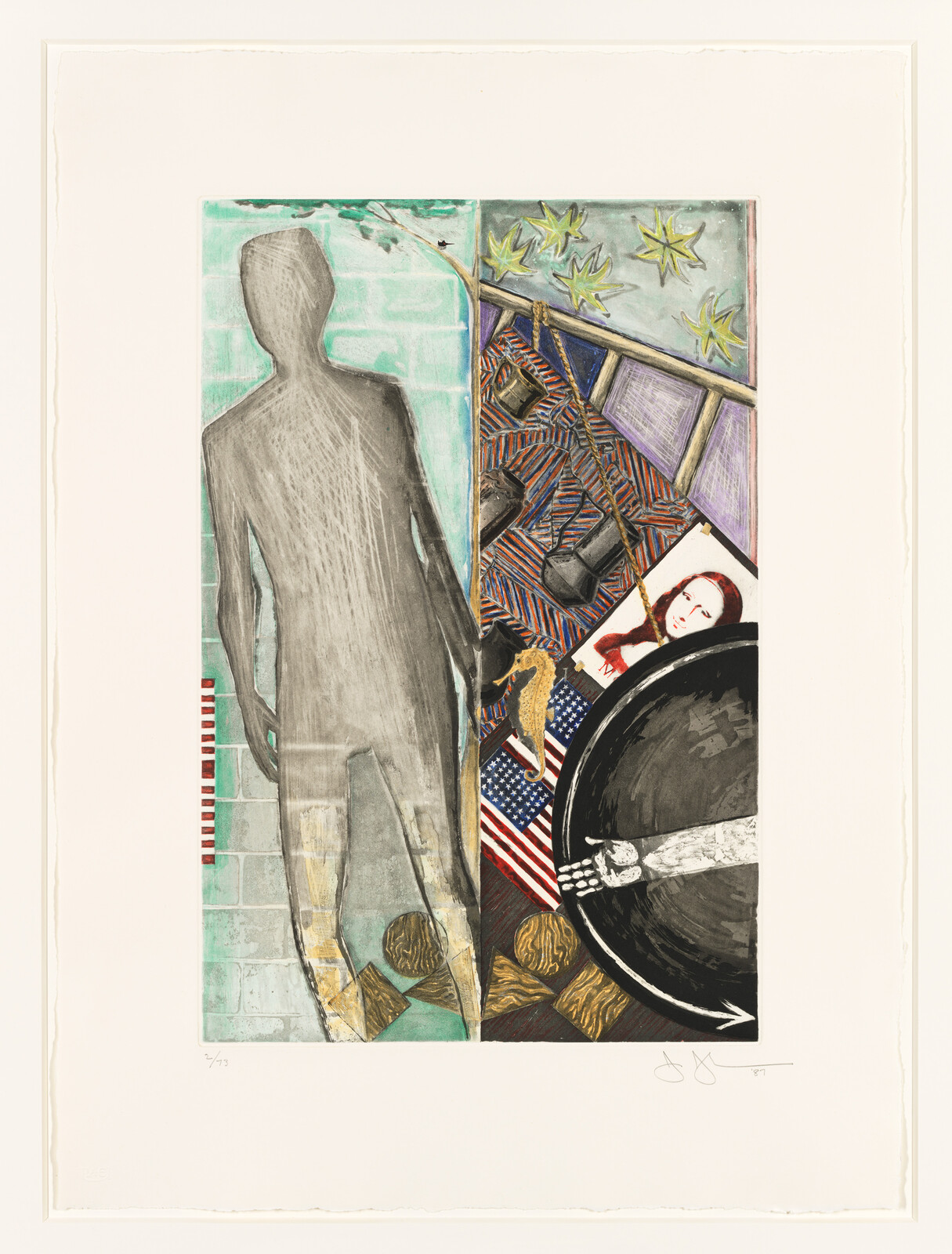 A tall gray human silhouette stands beside a cluttered collage of American flag, portrait, and objects.