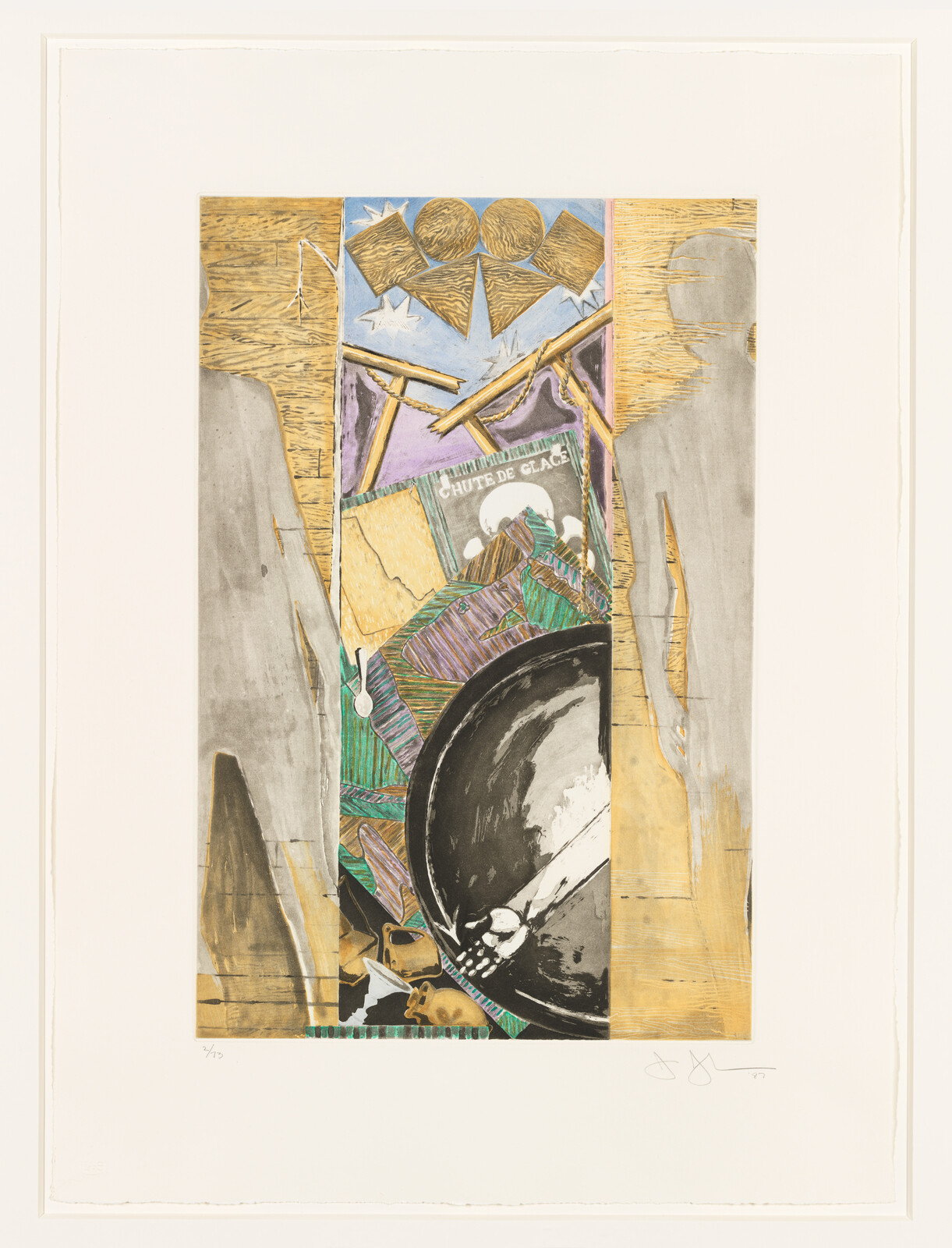 A vertical collage featuring a large black bowl with a spoon among colorful fragmented shapes.