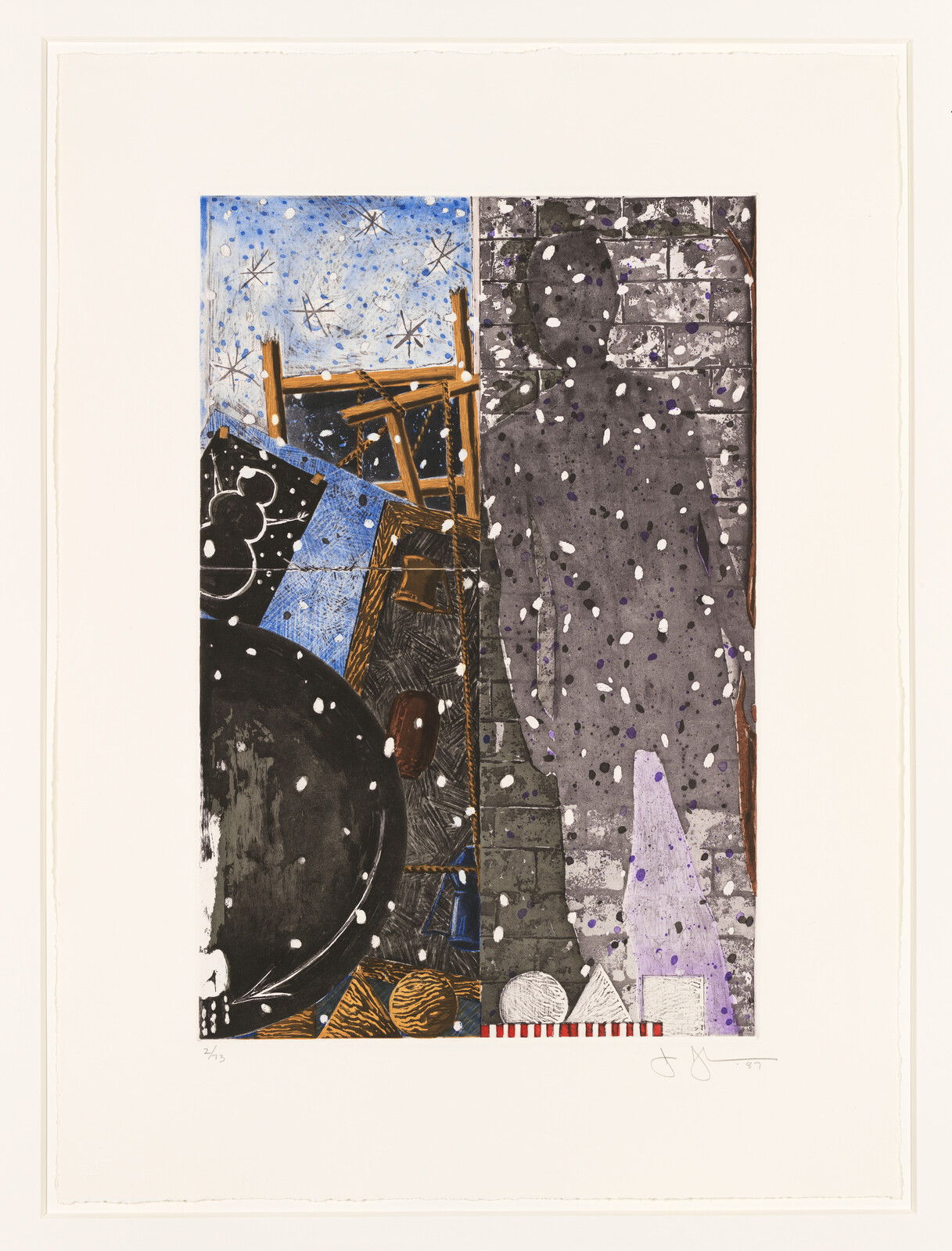 Tall gray silhouette stands against a brick wall beside scattered chairs, stars, and geometric shapes.