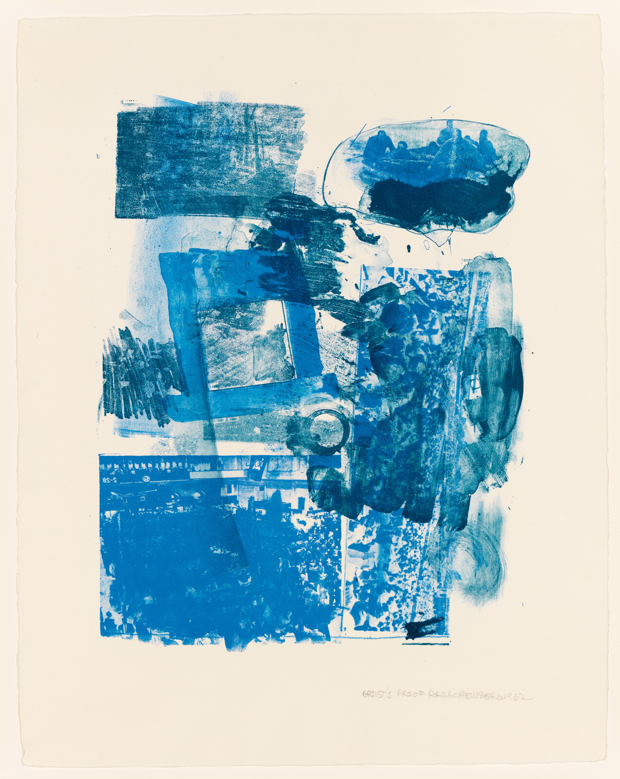 Abstract blue print with overlapping blocks, brushstrokes, and textured shapes on cream paper.