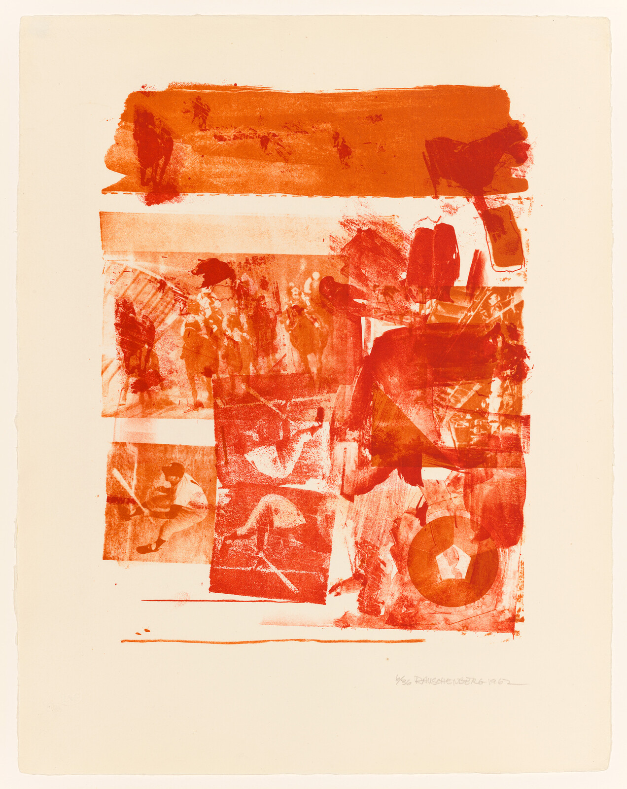 Abstract red-orange collage of layered shapes and blurred human figures suggesting movement.