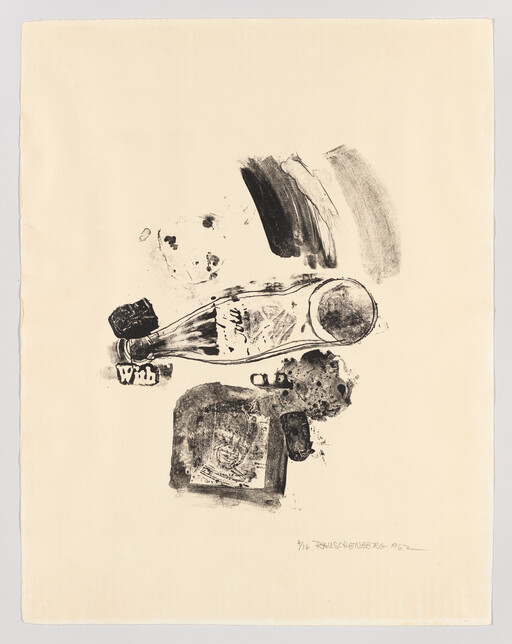 A black ink print showing a tipped bottle, round cup, and scattered shapes on cream paper.