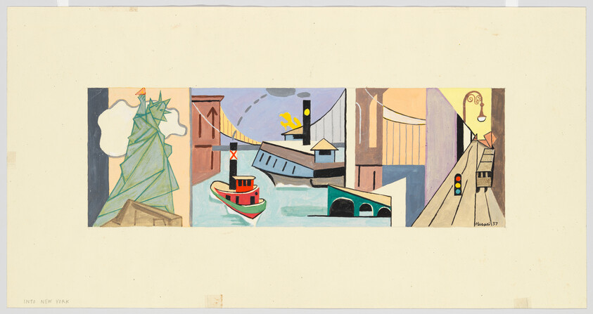 Stylized panorama of New York skyline with Statue of Liberty, bridge, tugboat, and waterfront roadway.