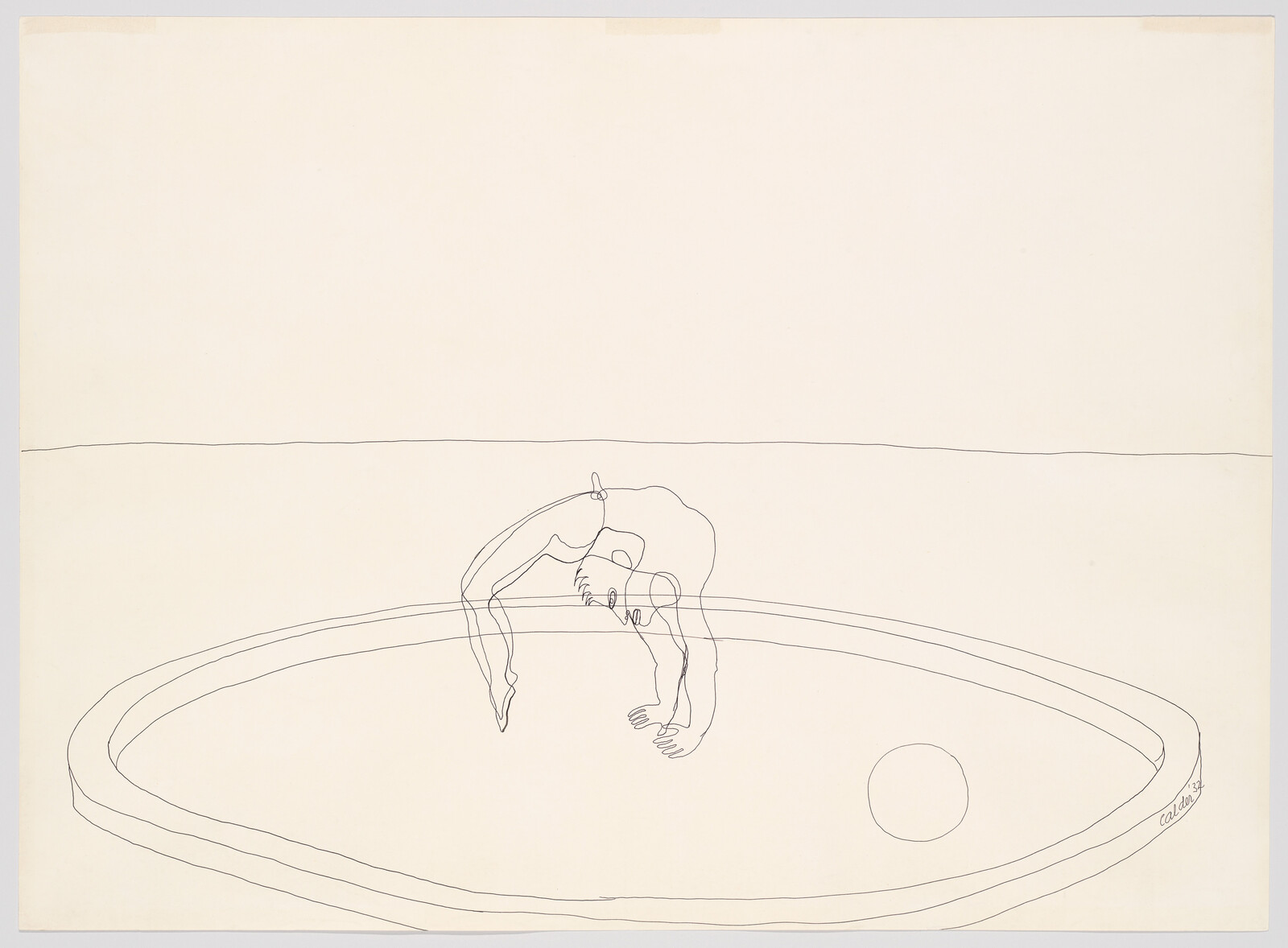 A person arches backward over a shallow round pool with a ball inside.