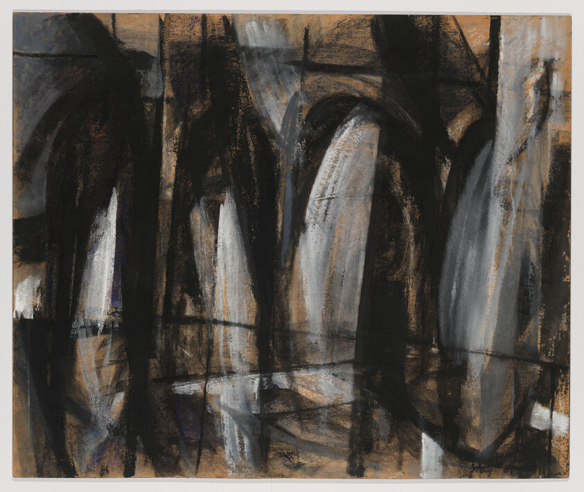 Dark curved arches and reflective floor suggest a shadowy interior space with soft light.