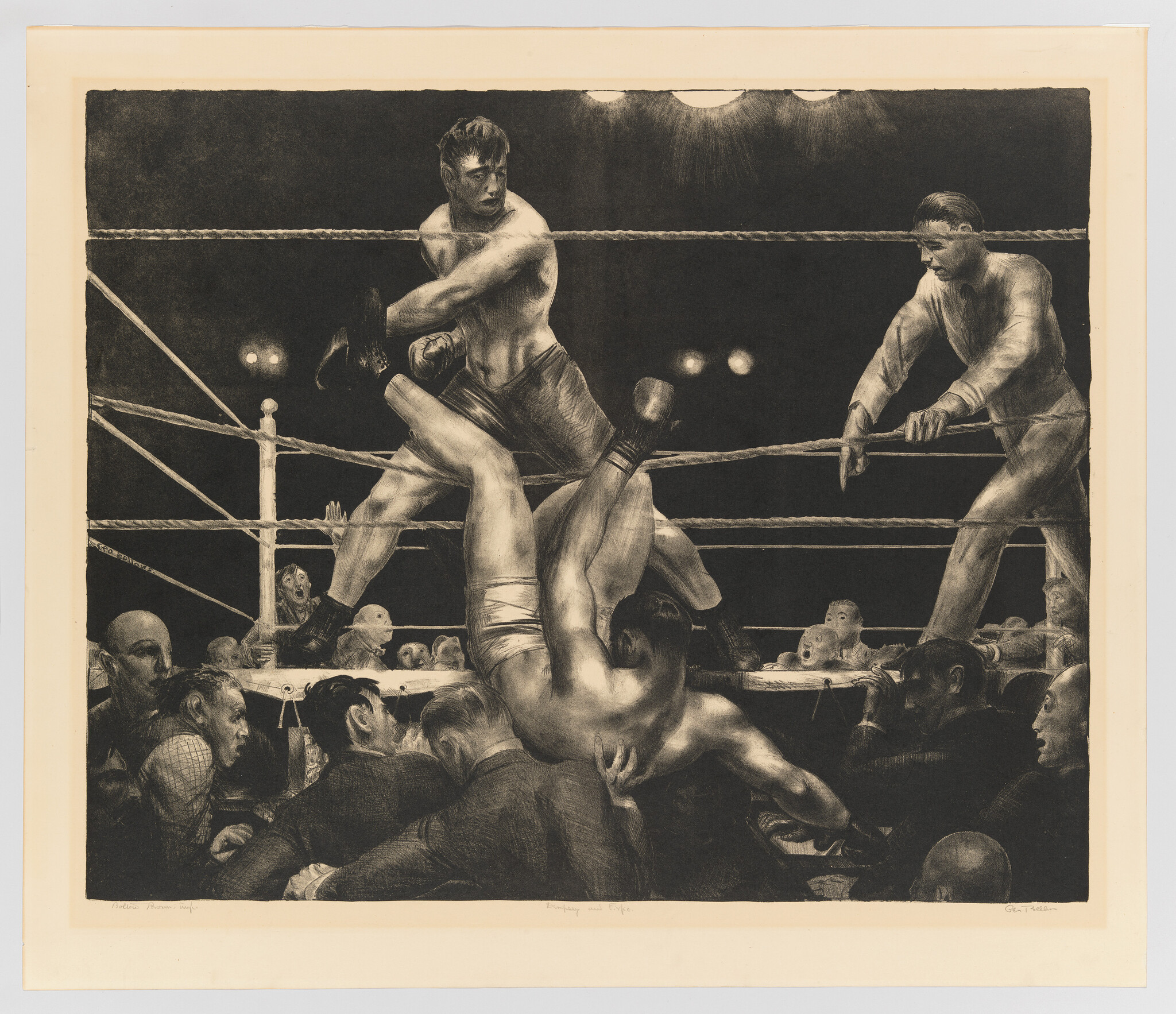 A boxer hauls his opponent over the ropes as the fallen fighter tumbles into the crowd.