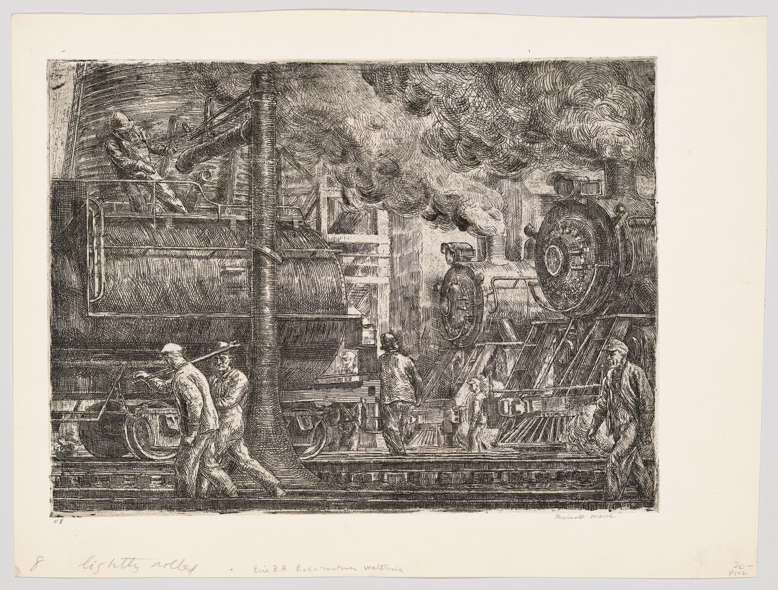 Detailed etching of a bustling industrial scene with workers operating and maintaining large steam locomotives at a railroad yard. Thick plumes of smoke rise from the engines, filling the upper part of the composition, while the workers are engaged in various tasks on the ground and atop the machinery, highlighting the industrial activity and mechanical complexity of the era.