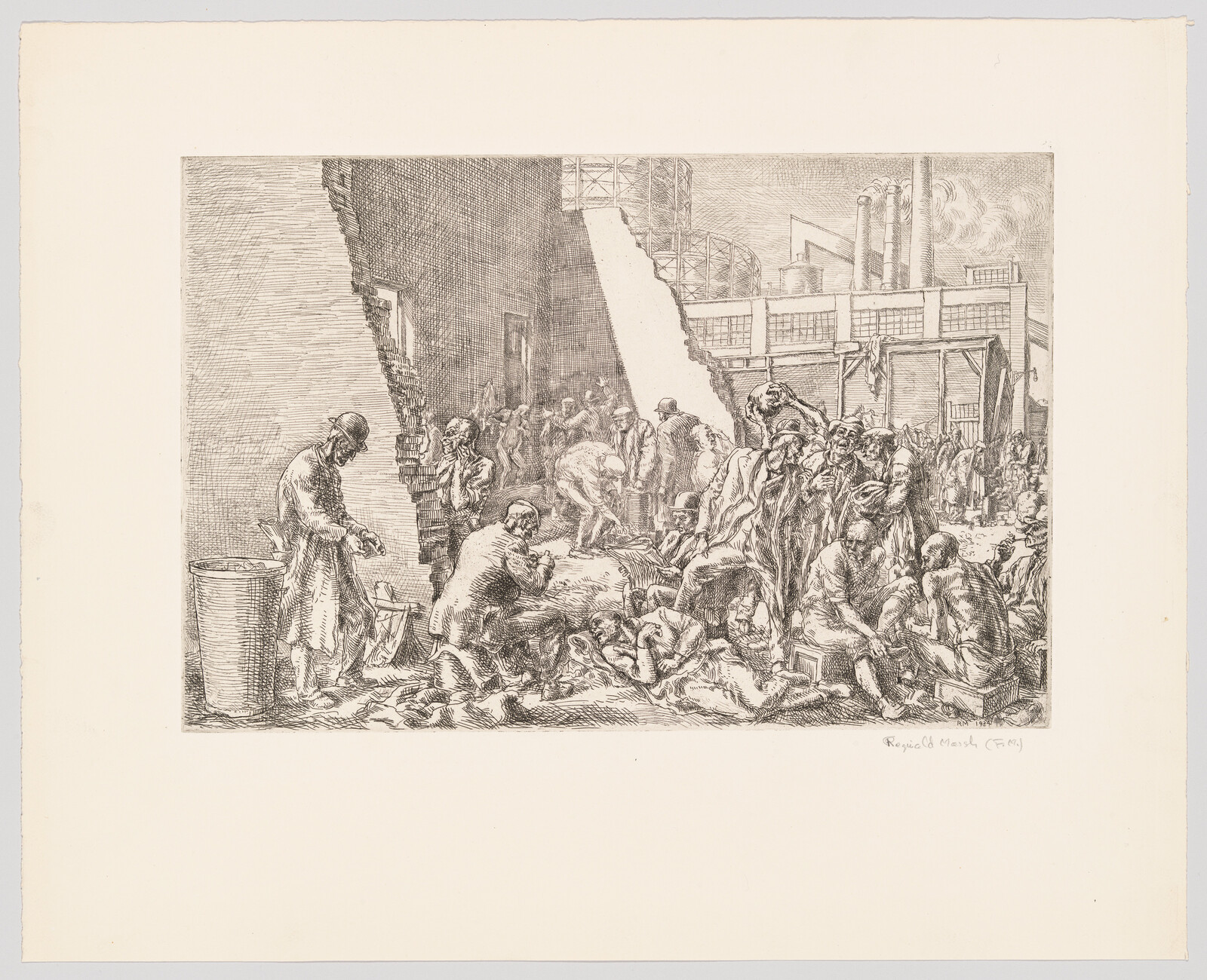 A crowded group of destitute people sort through belongings outside a ruined wall near a factory.