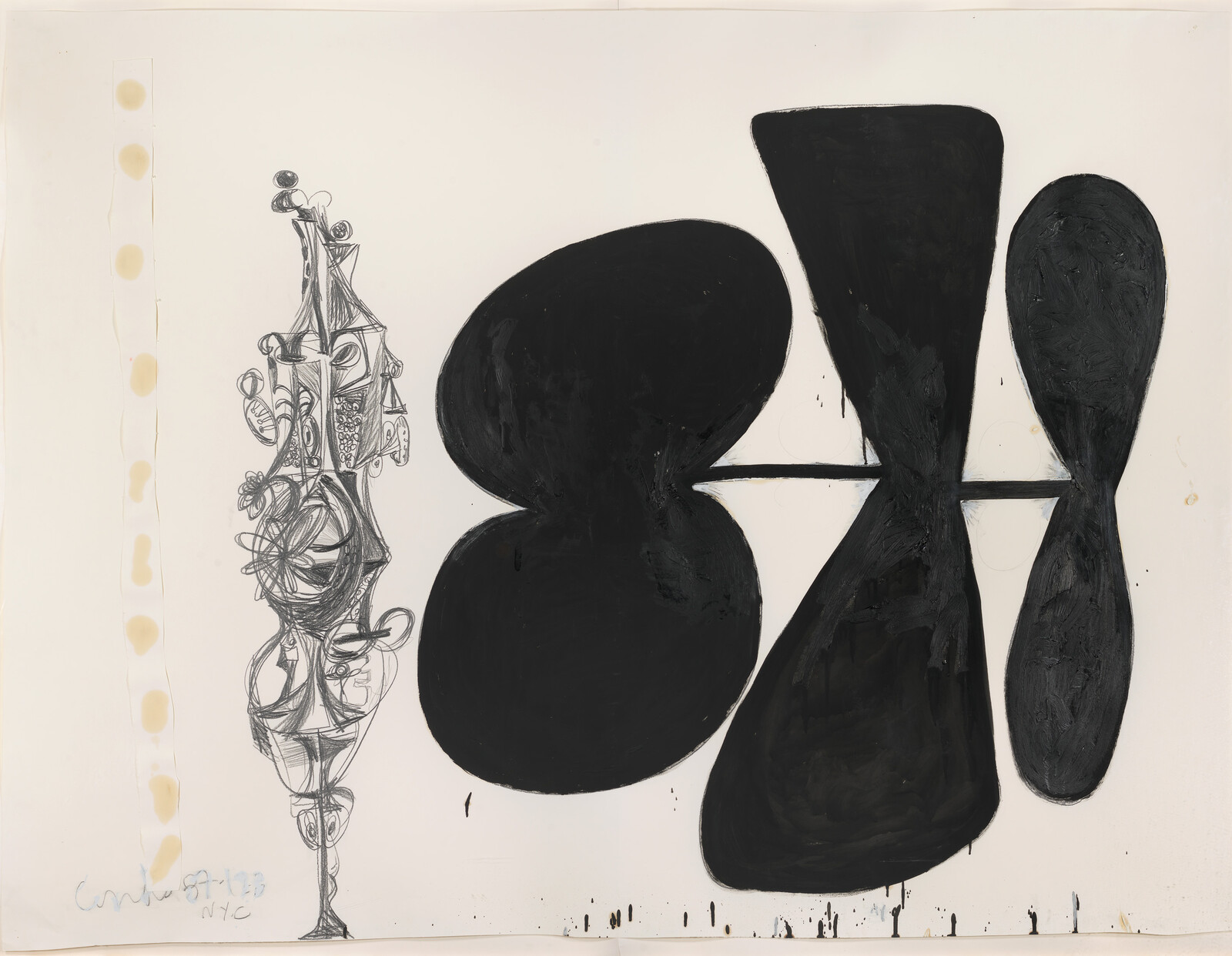 Large black abstract shapes dominate the right side while a tall intricate pencil doodle stands on the left.