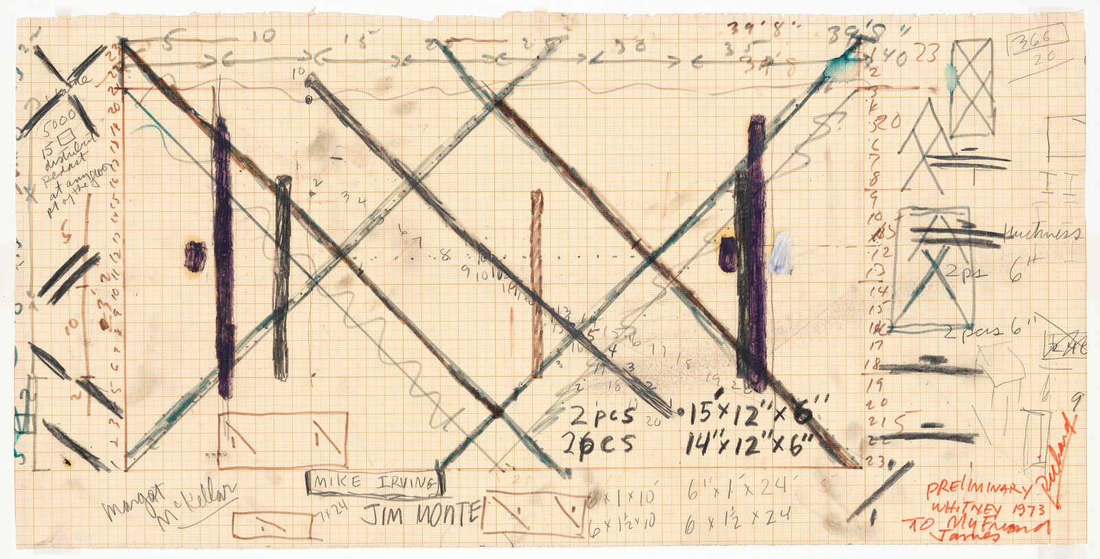 Graph paper sketch showing intersecting diagonal beams, vertical posts, and handwritten measurements and notes.