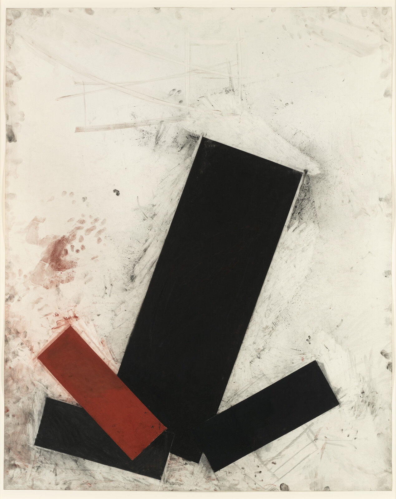 A tilted large black rectangle leans over the composition with a red rectangle overlapping at the base.