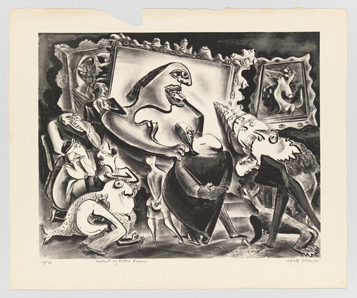 Several distorted figures crowded in a gallery stare and gesture at a large unsettling painting.