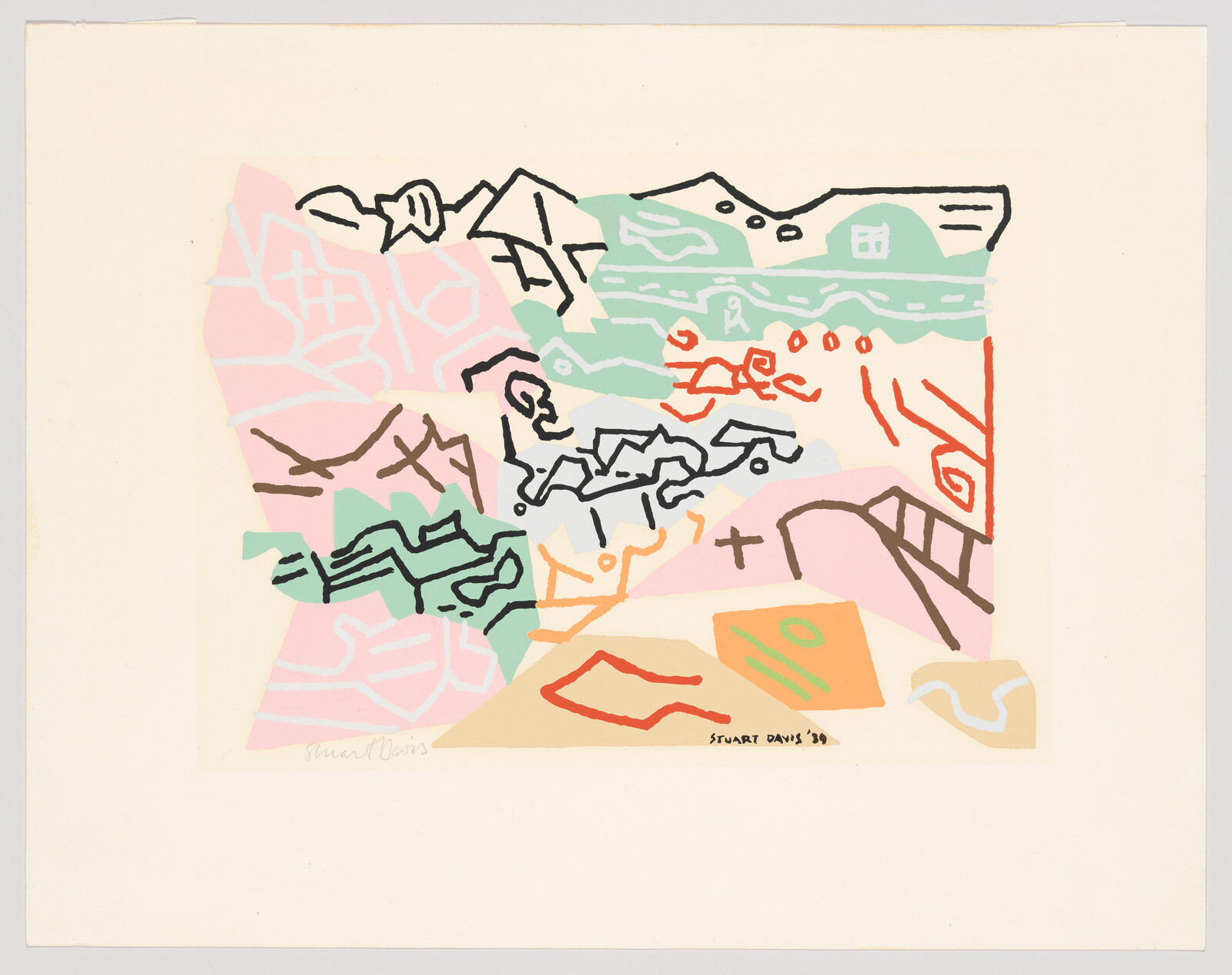 Colorful abstract composition with pastel shapes and black doodle-like lines suggesting houses and hills.