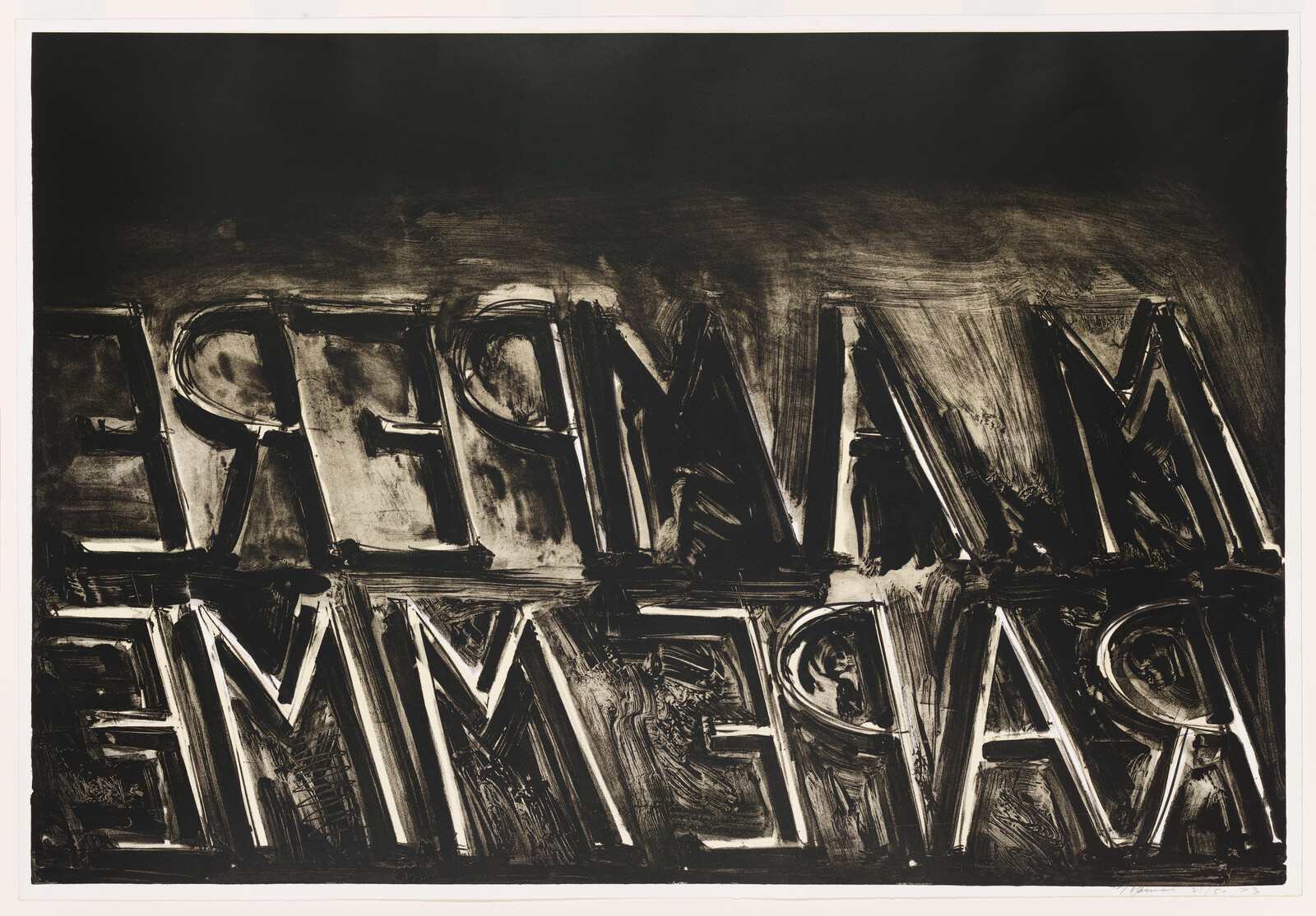 Bold, smeared black letters are stacked in two rows across a dark, textured background.