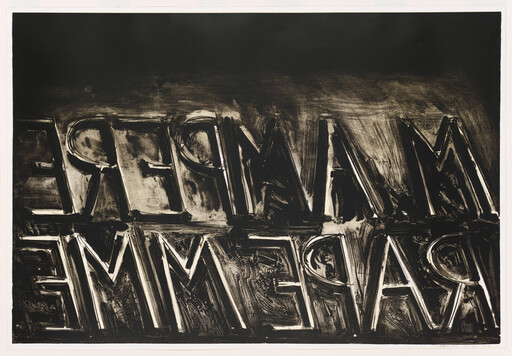 Bold, smeared black letters are stacked in two rows across a dark, textured background.