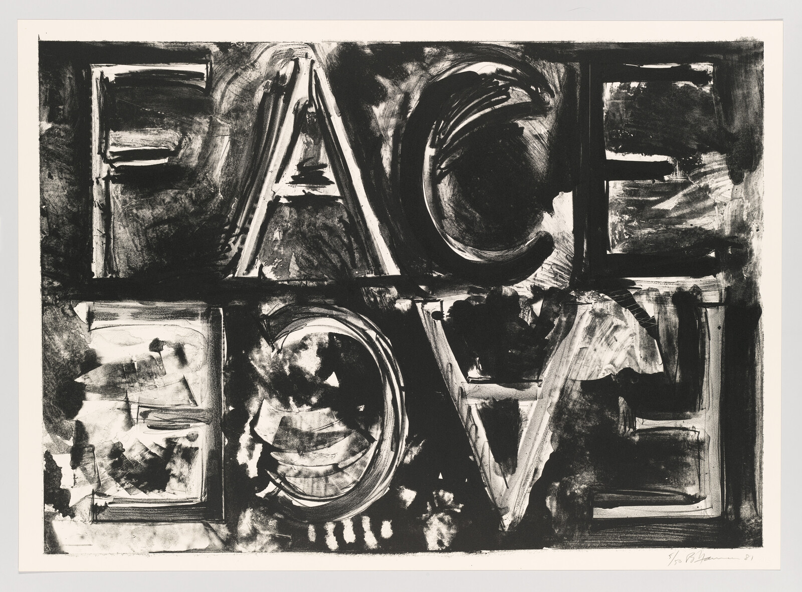 Large black-and-white painting with bold block letters spelling "FACE" and "LOVE".