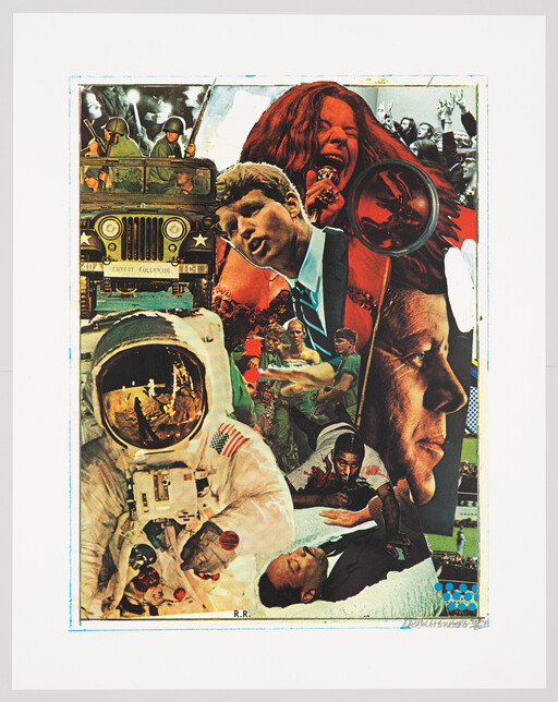 A colorful collage showing an astronaut, soldiers in a jeep, a singer shouting, and faces of politicians.