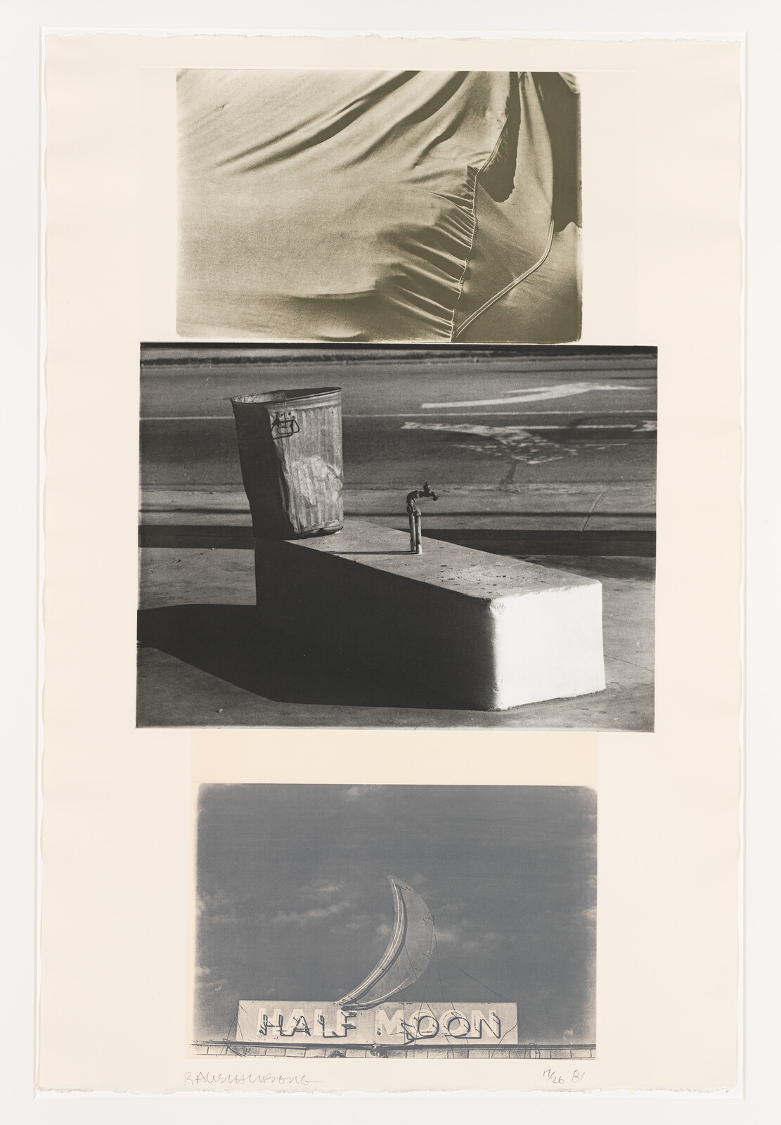 Three stacked photographs show a covered fabric, a trash can beside a faucet, and a half moon sign.