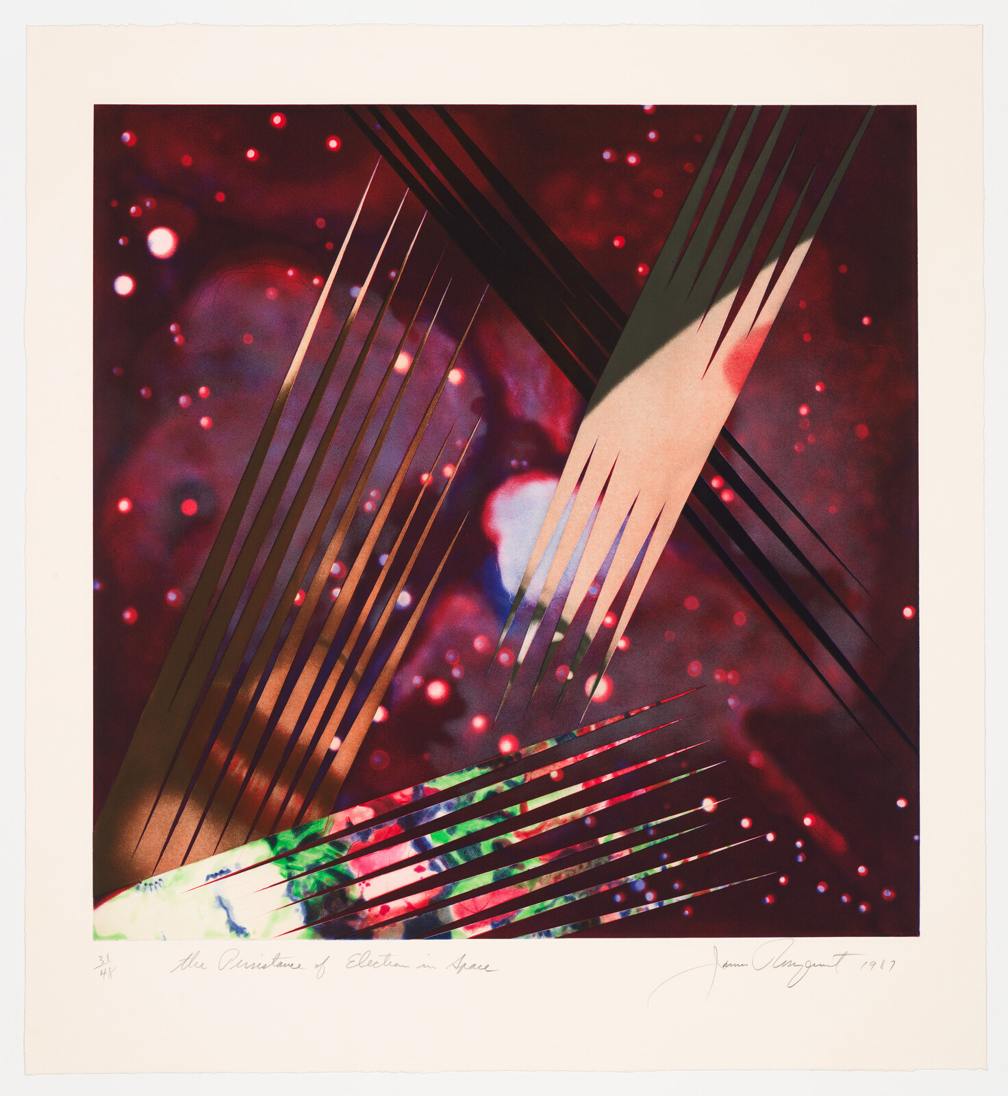 Abstract red cosmic background with diagonal slashed bands and colorful streaks crossing the composition.