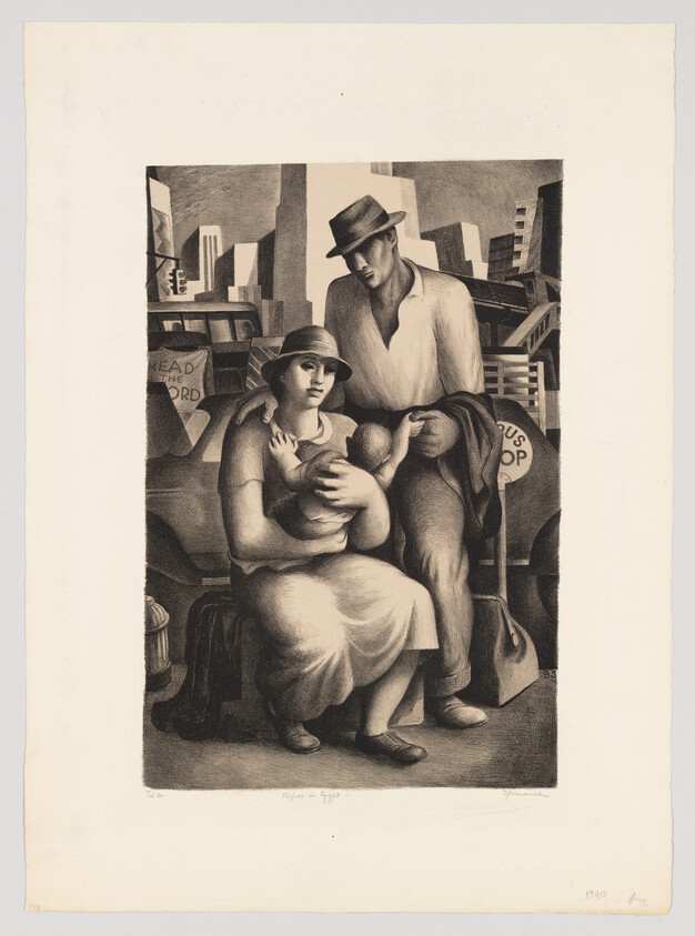 A tired mother breastfeeding her baby while a man stands beside her in a city setting.