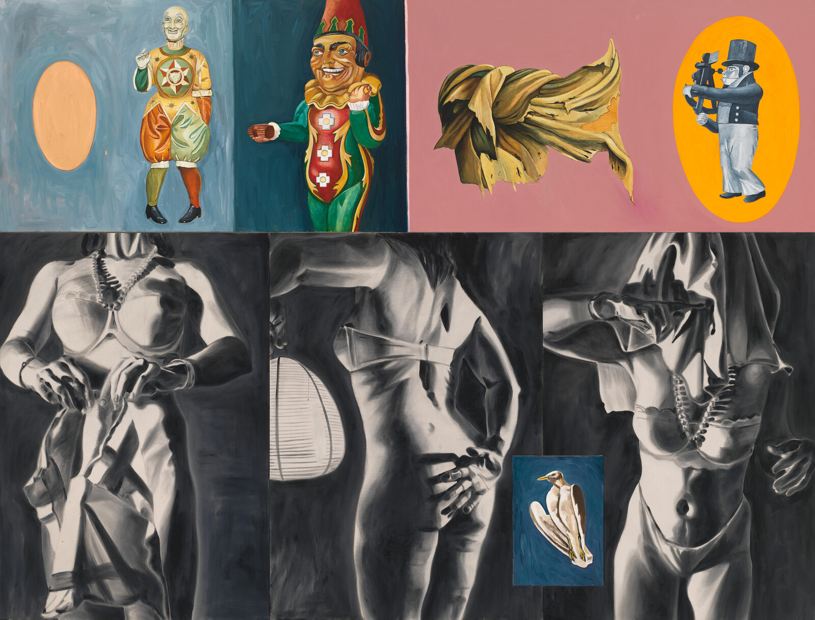 Six-panel painting combining colorful carnival figures above grayscale female figures and a small bird inset.