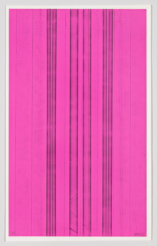 Bright magenta poster with repeating vertical bands and thin darker stripe accents and subtle texture.