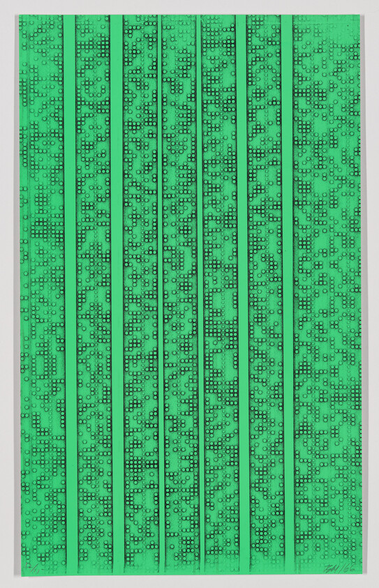 Several tall green panels with repeating small circular and square perforations arranged in vertical strips.