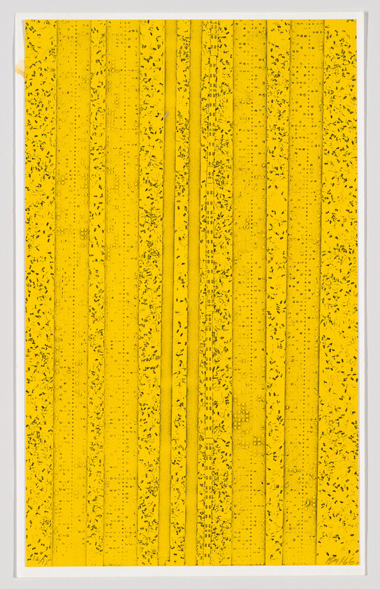 Vertical yellow panels with fine black specks forming a repetitive striped pattern.