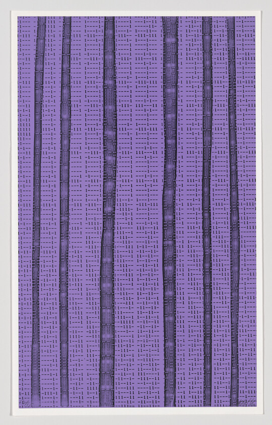 Purple panel with repeating vertical barcode-like stripes and rows of small dashes and dots.