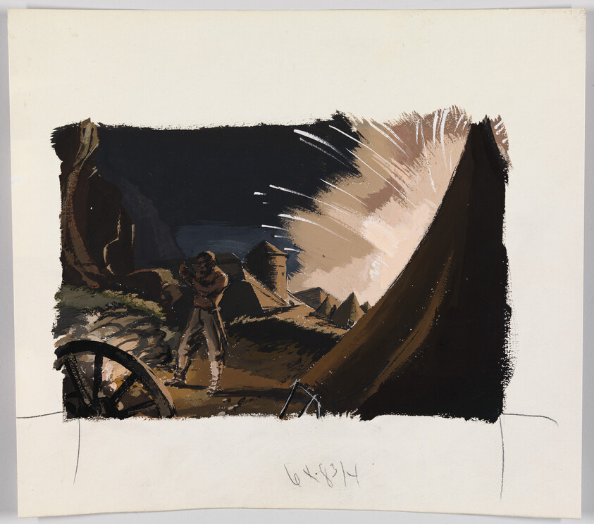 A lone figure stands on a rocky path watching a bright burst of light near dark cliffs.