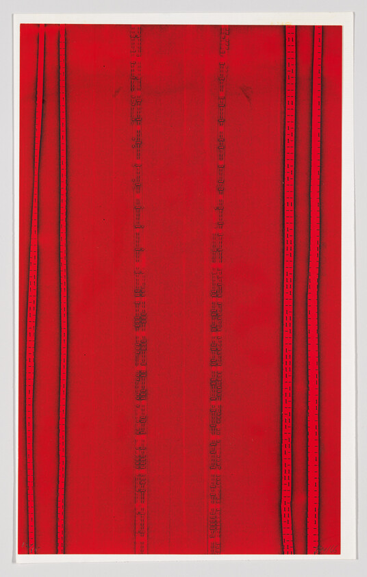 Bright red panel with several vertical black-stitched lines and faint printed markings.