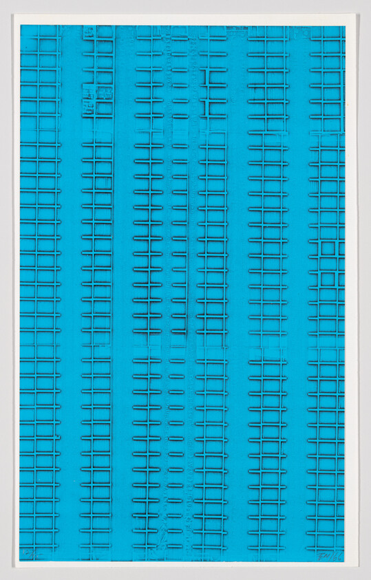 Repeating vertical rows of ladder-like metal grates on a bright blue surface.