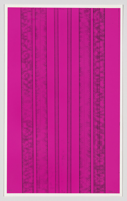 Magenta panel with repeating narrow vertical stripes and dotted circuit-like patterns running top to bottom.