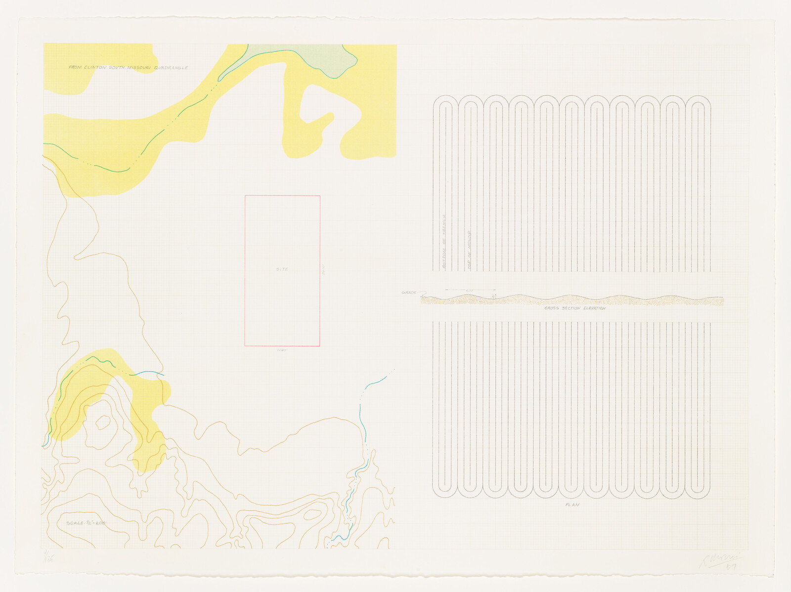 Topographic map showing contour lines, a marked rectangular site, and a looping irrigation plan.