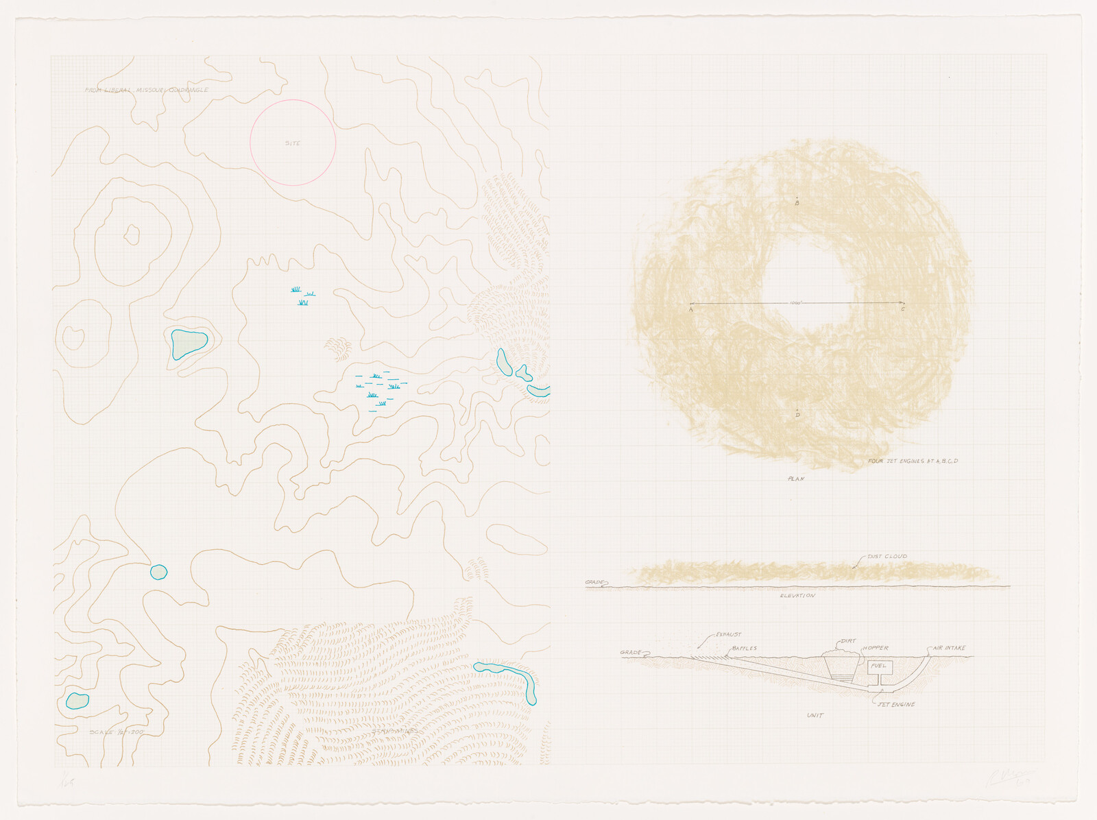 A conceptual art piece featuring various abstract representations, including topographic-like contour lines, a circular scribble pattern, and a cross-section diagram, all rendered in soft colors on a grid background.
