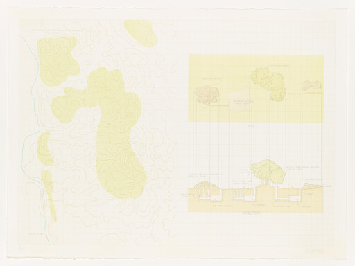 Topographic map with pale contour lines and shaded elevation areas alongside plant and cross-section sketches.