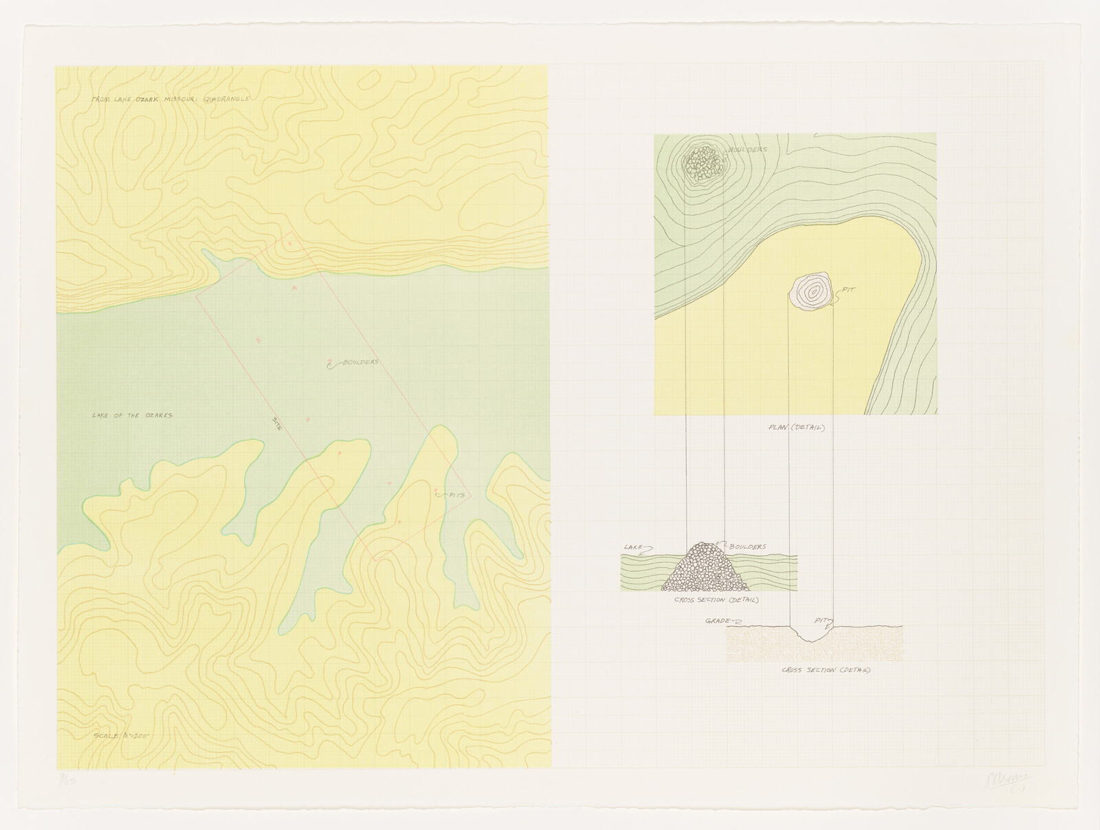 Topographic map showing a lake with contour lines, a labeled pit, boulders, and section diagrams.