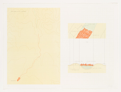 A topographic map with an orange route leading to a schematic cross-section showing burning orange fill.
