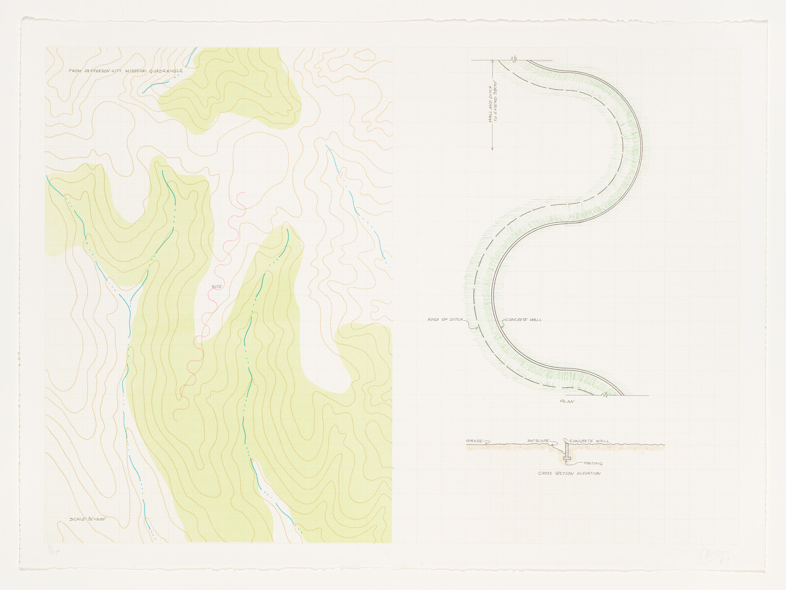 Topographic contour map on left with curved road or drainage plan and cross-section on right.
