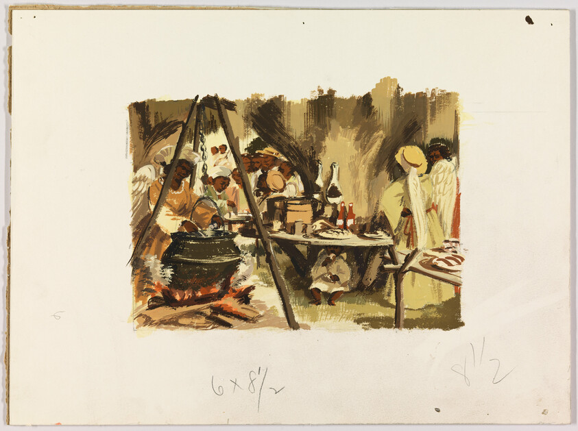 People gather in a rustic kitchen preparing food around a large pot simmering over an open fire.